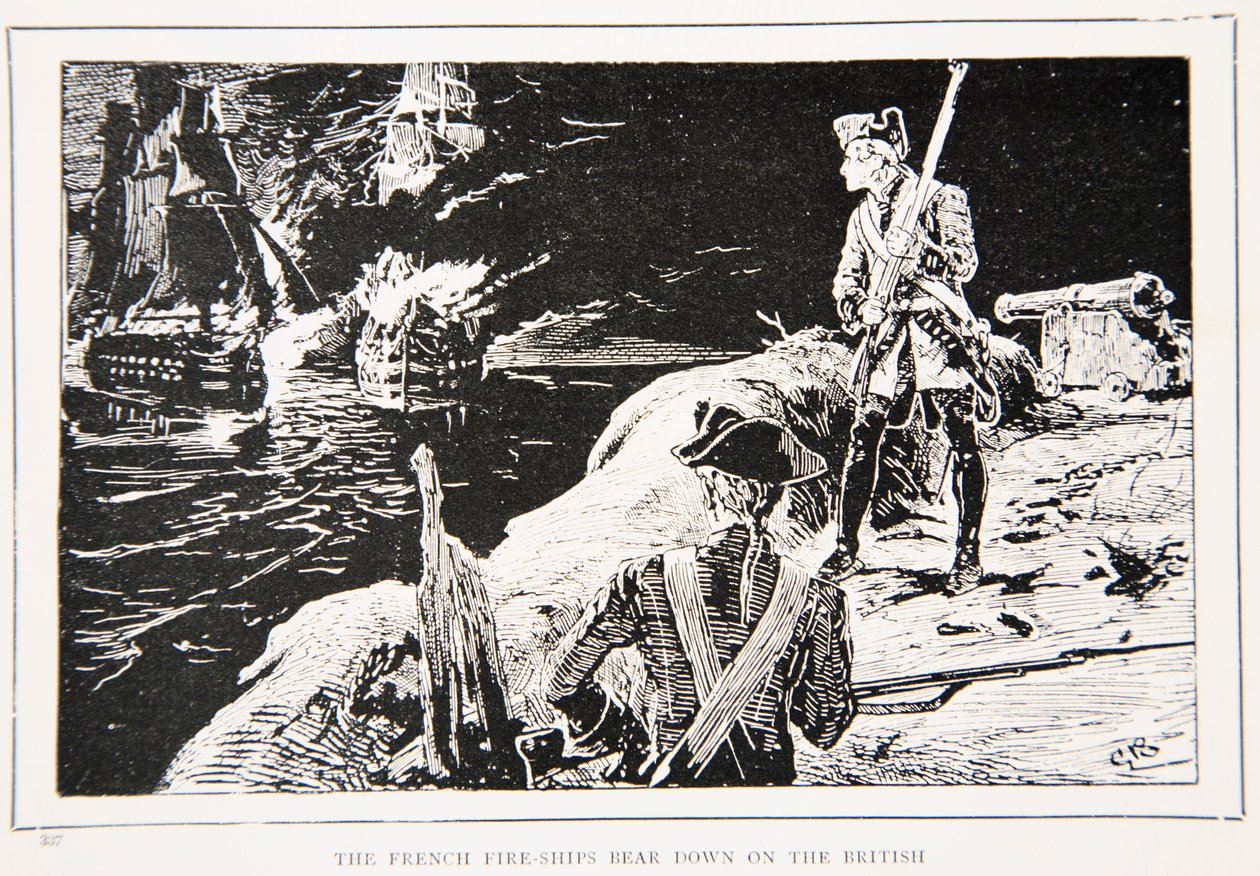 De franske brannskipene slår ned på britene, en illustrasjon fra "With Wolfe in Canada, or The Winning of a Continent" av GA Henty, pub. Blackie and Son Ltd, 1887 av Gordon Frederick Browne