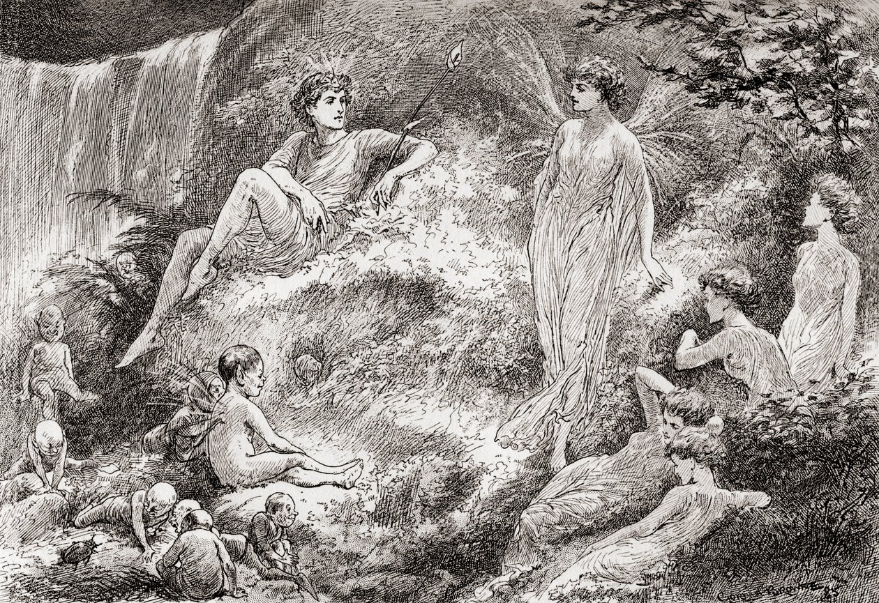 Titania: Sett your heart at rest: The Fairy Land buys not the child of me, Scene fra William Shakespeares A Midsummer Nights Dream, Act II, Scene 1, fra The Works of William Shakespeare, publisert 18. av Gordon Frederick Browne