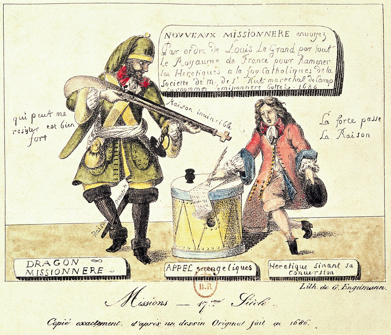 Missions of the 17th Century: The Missionary Dragoon som tvinger en huguenot til å signere sin konvertering til katolisisme, nøyaktig kopi etter en originaltegning fra 1686 av Gottfried or Godefroy Engelmann