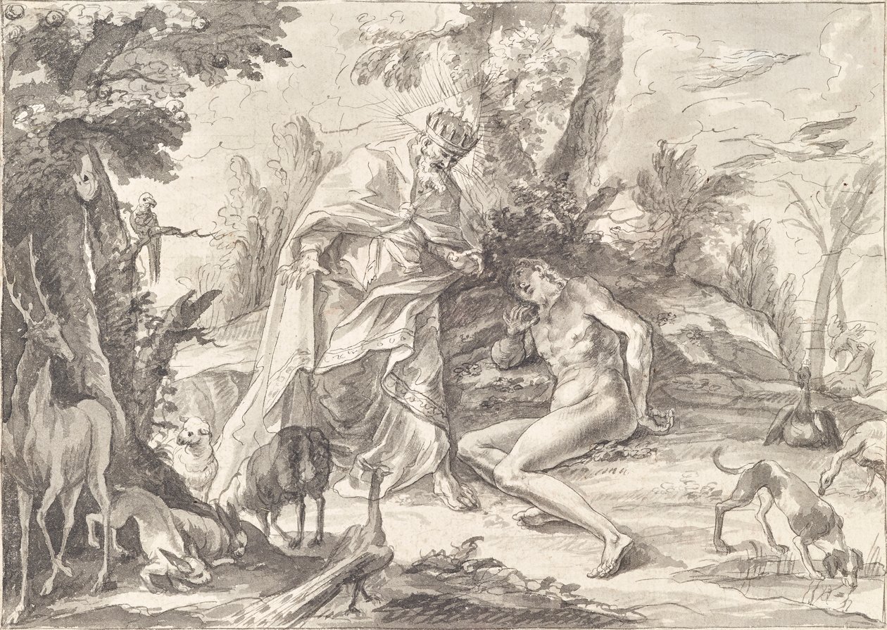 Gud Faderen og Adam i paradis av Gottfried Bernhard Götz