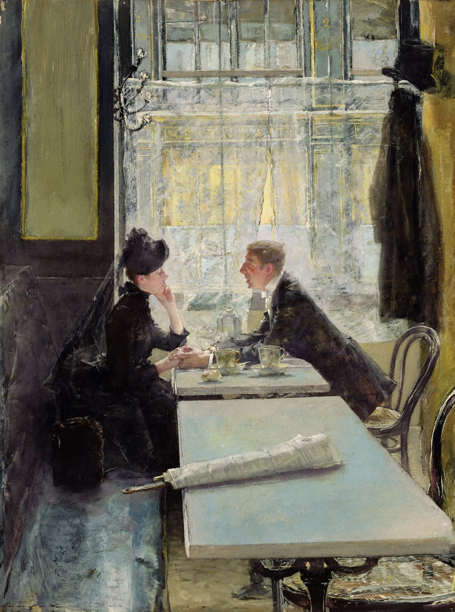 Elskere på en kafé (panel) av Gotthardt Johann Kuehl