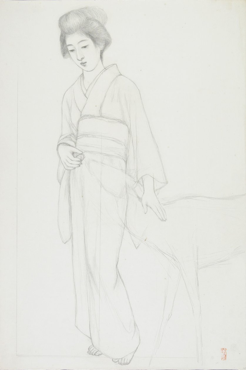 Drawing of Woman Stroking a Deer av Goyo Hashiguchi