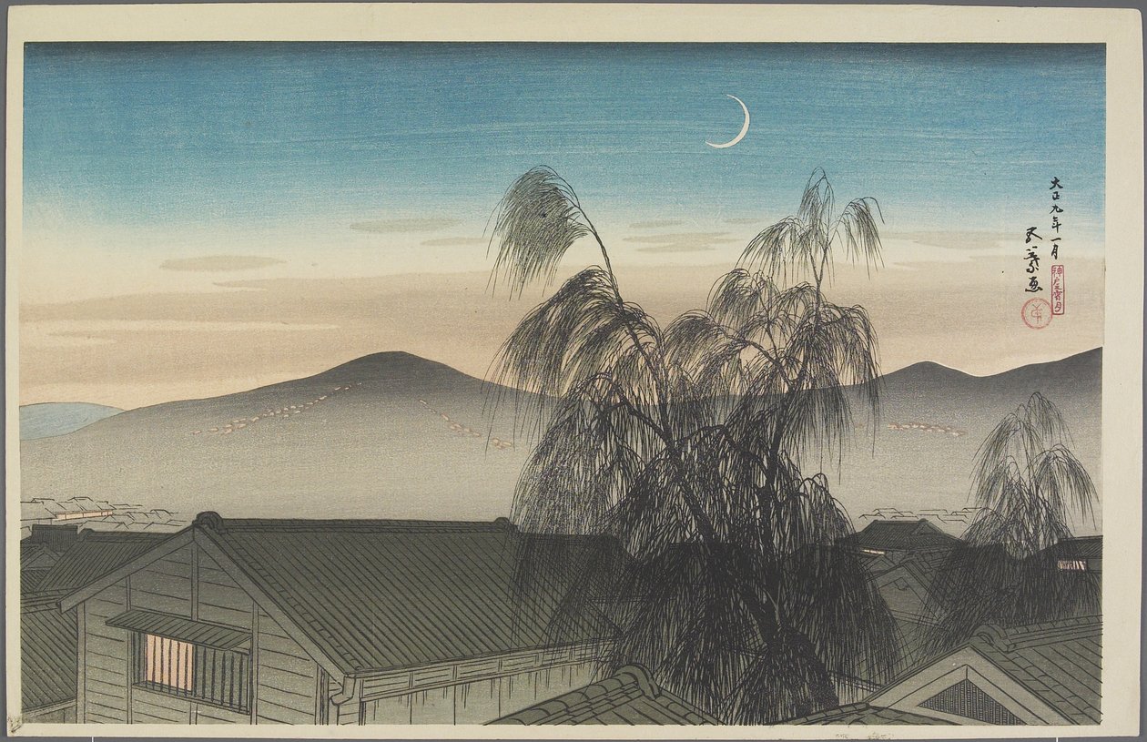 Kveldsmåne over Ko_be, januar 1920 av Goyo Hashiguchi