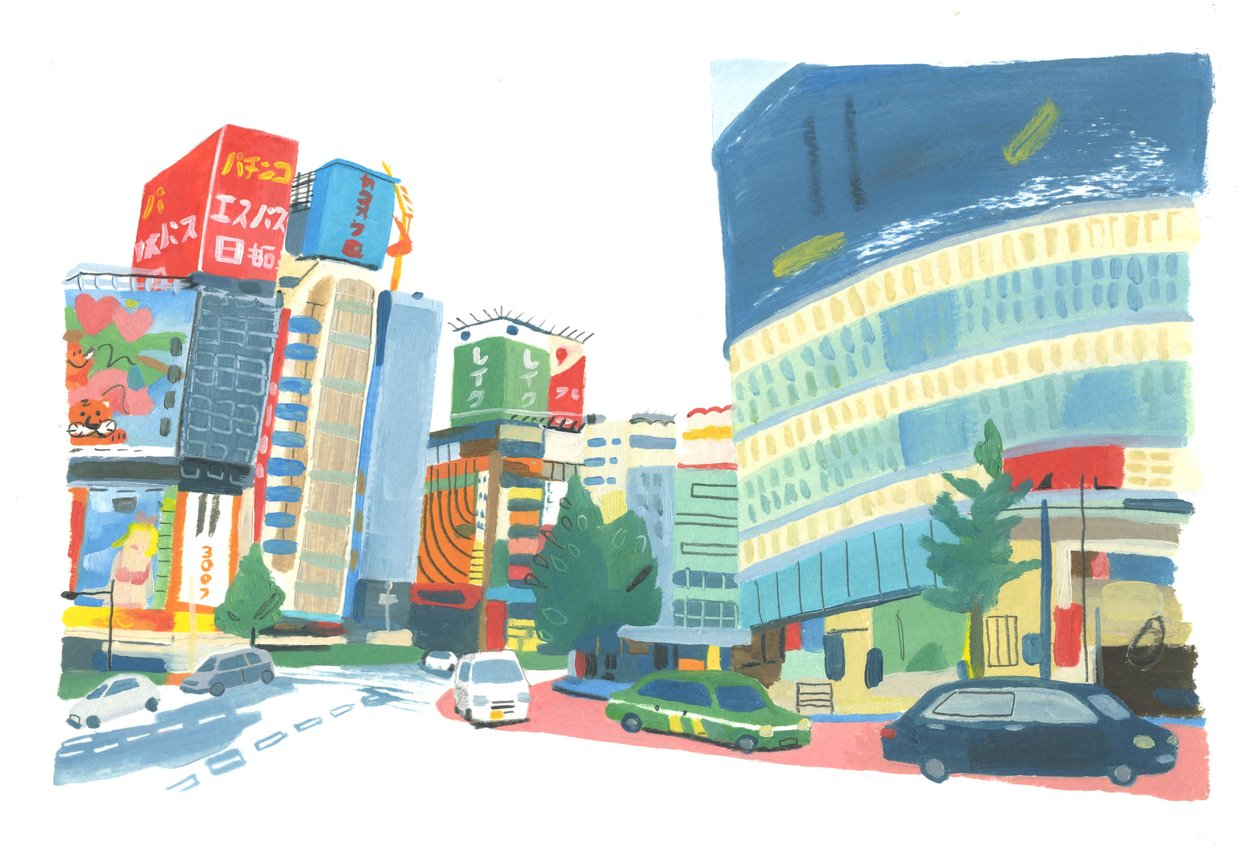 Shinjuku 2, 2015 (olje på papir) av Grace Helmer