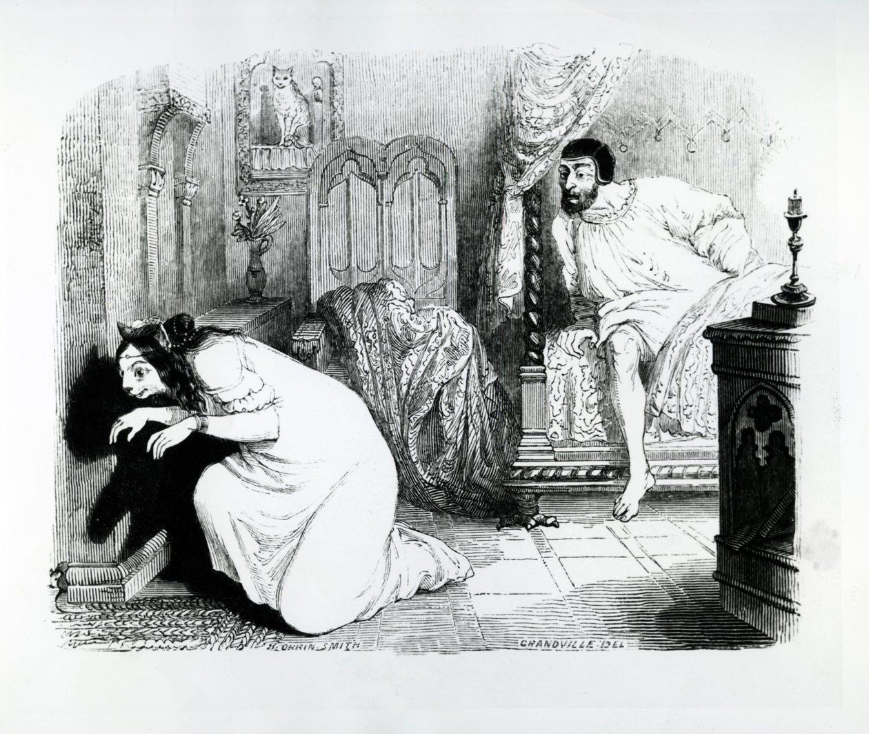 The Cat transformed into a Woman, illustrasjon for 'Fables' of La Fontaine, utgitt av H. Fournier Aine, 1838 av Grandville