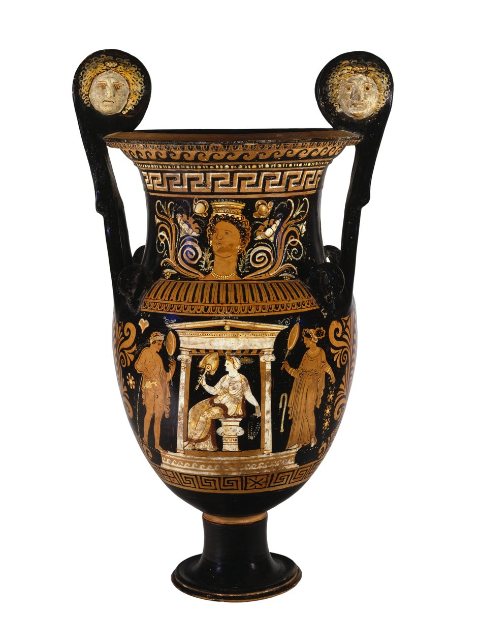 Apuliansk voluttkrater med rød figur dekorert med en sittende kvinne og hennes to ledsagere, ca. 340-320 f.Kr. (keramikk) av Greek
