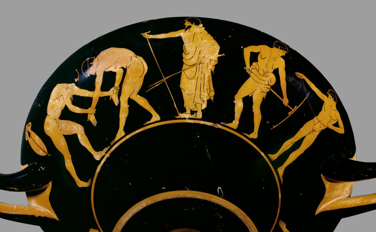 athensk kopp med røde figurer; skildring en trener med brytere og andre idrettsutøvere, 480 f.Kr. (keramikk) av Greek