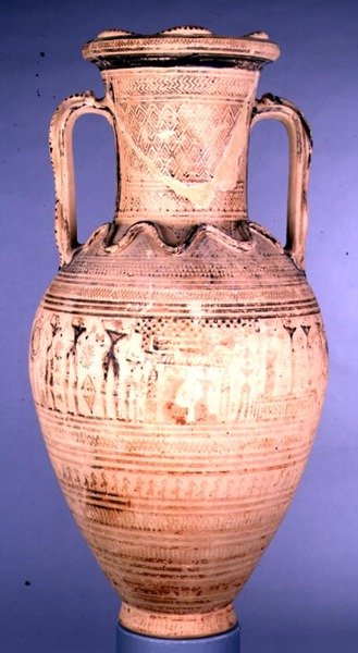 Attic Late Geometric IIb amfora dekorert med en begravelsesscene, ca. 720-700 f.Kr. (keramikk) av Greek