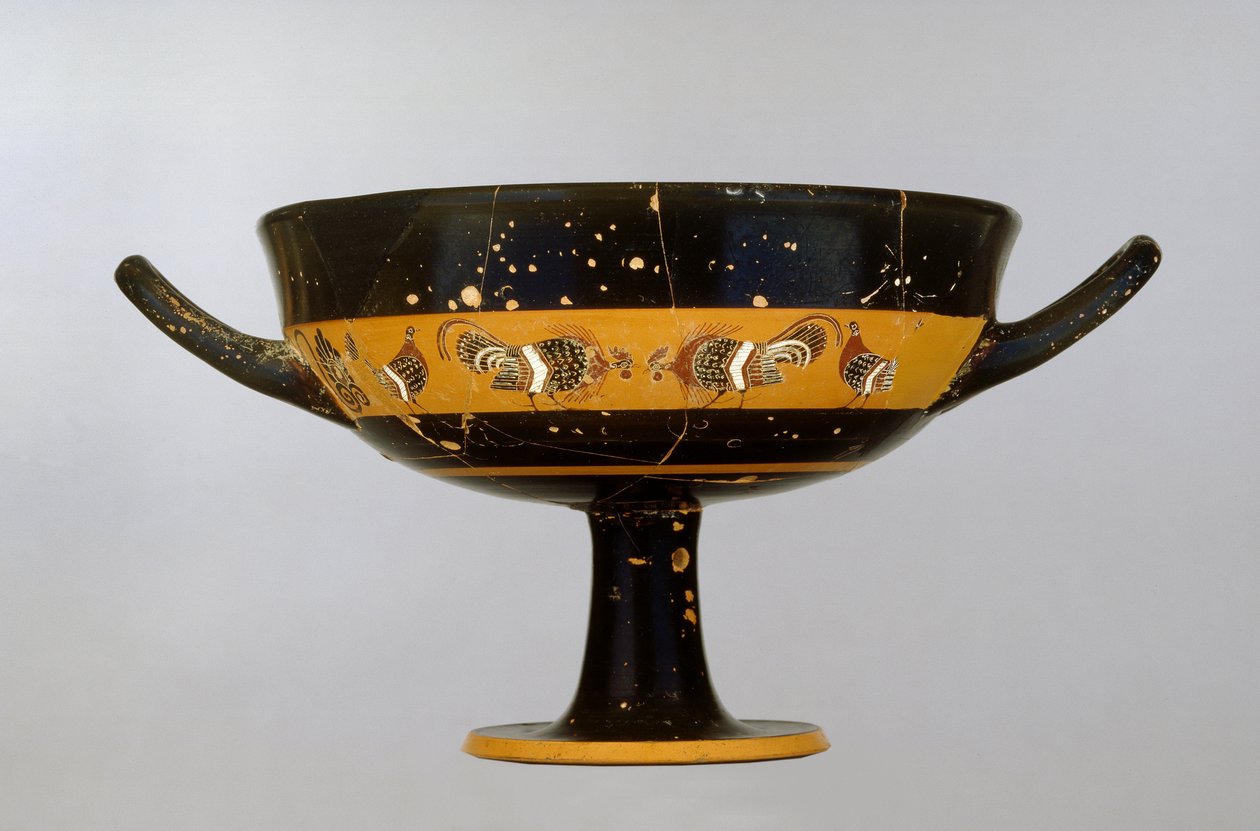 Attisk båndkopp med svart figur dekorert med en hanekamp, av Tleson Painter, fra Vulci, ca. 550-525 f.Kr. (keramikk) av Greek