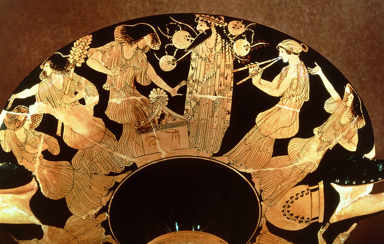 Attisk rød figur kylix som viser Dionysos og Maenadene, av maleren Makron, ca. 490-80 f.Kr. (keramikk) av Greek