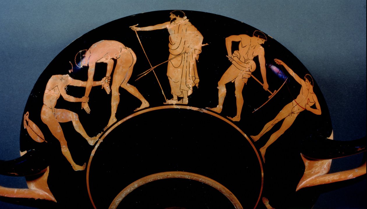 Attisk rødfigur kylix som viser idrettsutøvere som trener (keramikk) (se også 103375) av Greek
