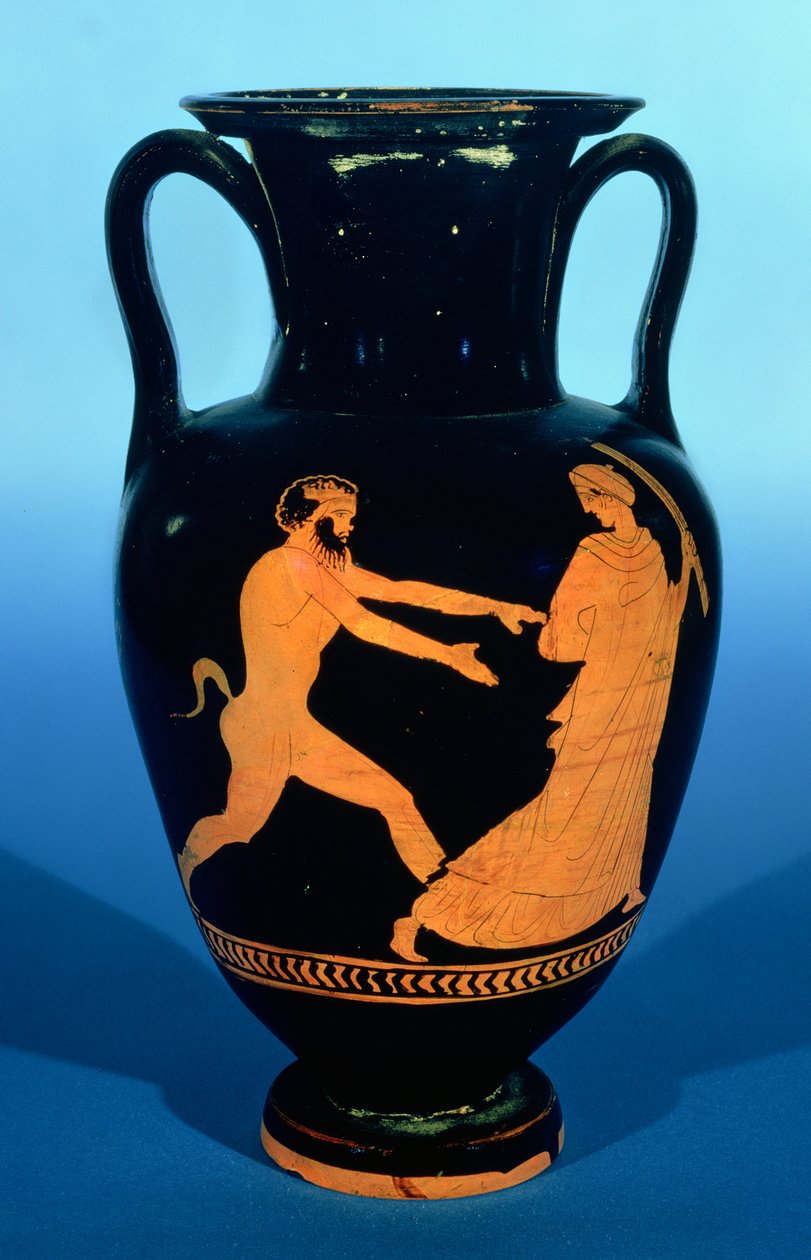 Lofts rødfigur nolan amfora, dekorert med en dame som blir jaget av en satyr, ca. 450-440 f.Kr. (keramikk) av Greek