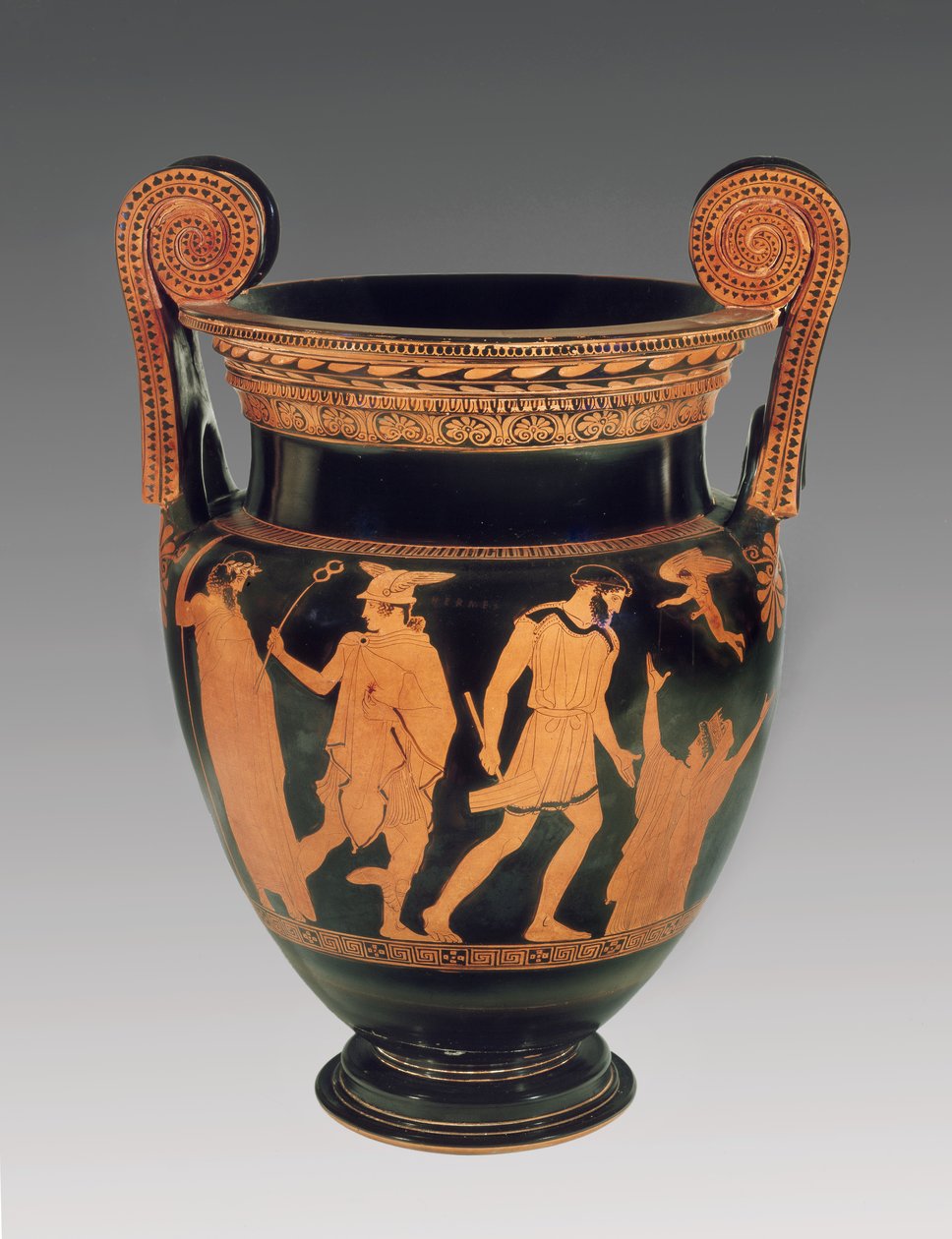 Loftsvoluttkrater med røde figurer, dekorert med en scene Pandora stiger opp fra bakken og Hermes som holder kimen til falskhet, relatert til gruppen av polygnotos (ca. 450 f.Kr.) ca. 450 f.Kr. (keramikk) av Greek