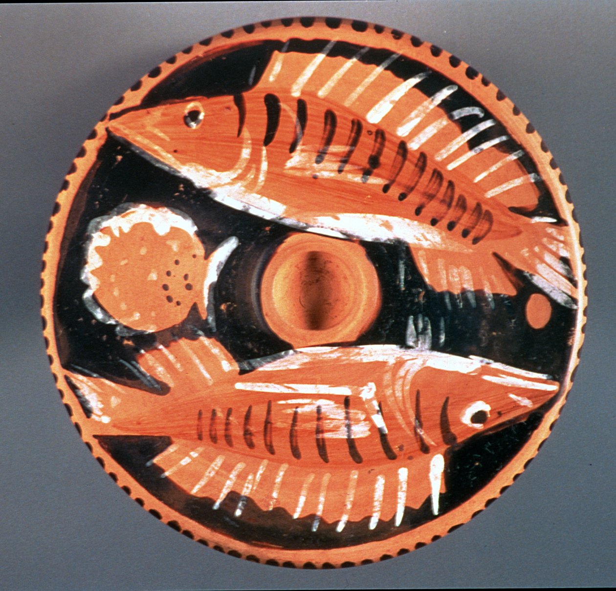 Plate som viser to fisker, 350 f.Kr. (keramikk) av Greek