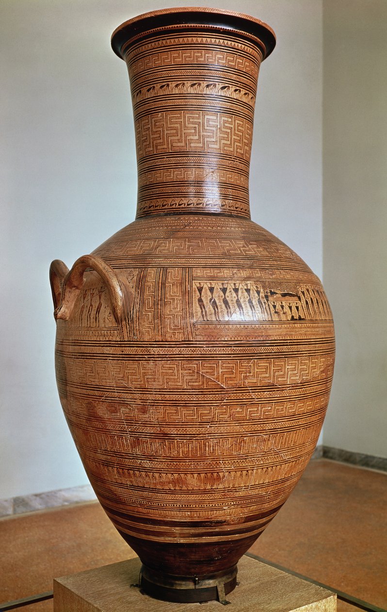 Dipylon Amphora, begravelsesurne i geometrisk stil fra Kerameikos Necropolis, Athen, ca. 750 f.Kr. (terrakotta) (se også 88063) av Greek