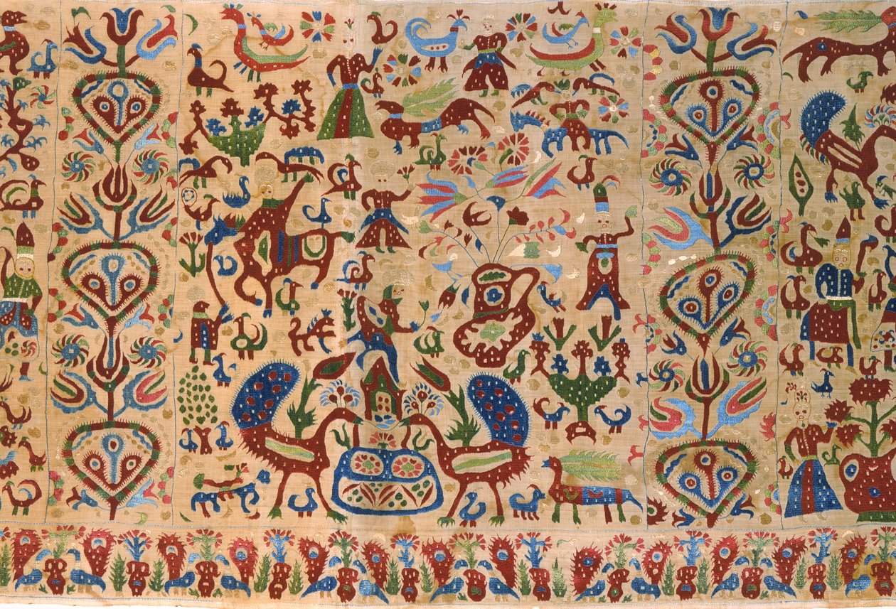 En del av en brudesenge, fra Ioannina, Ipeiros (lin brodert med silketråder) (detalj) (se også 271904) av Greek School