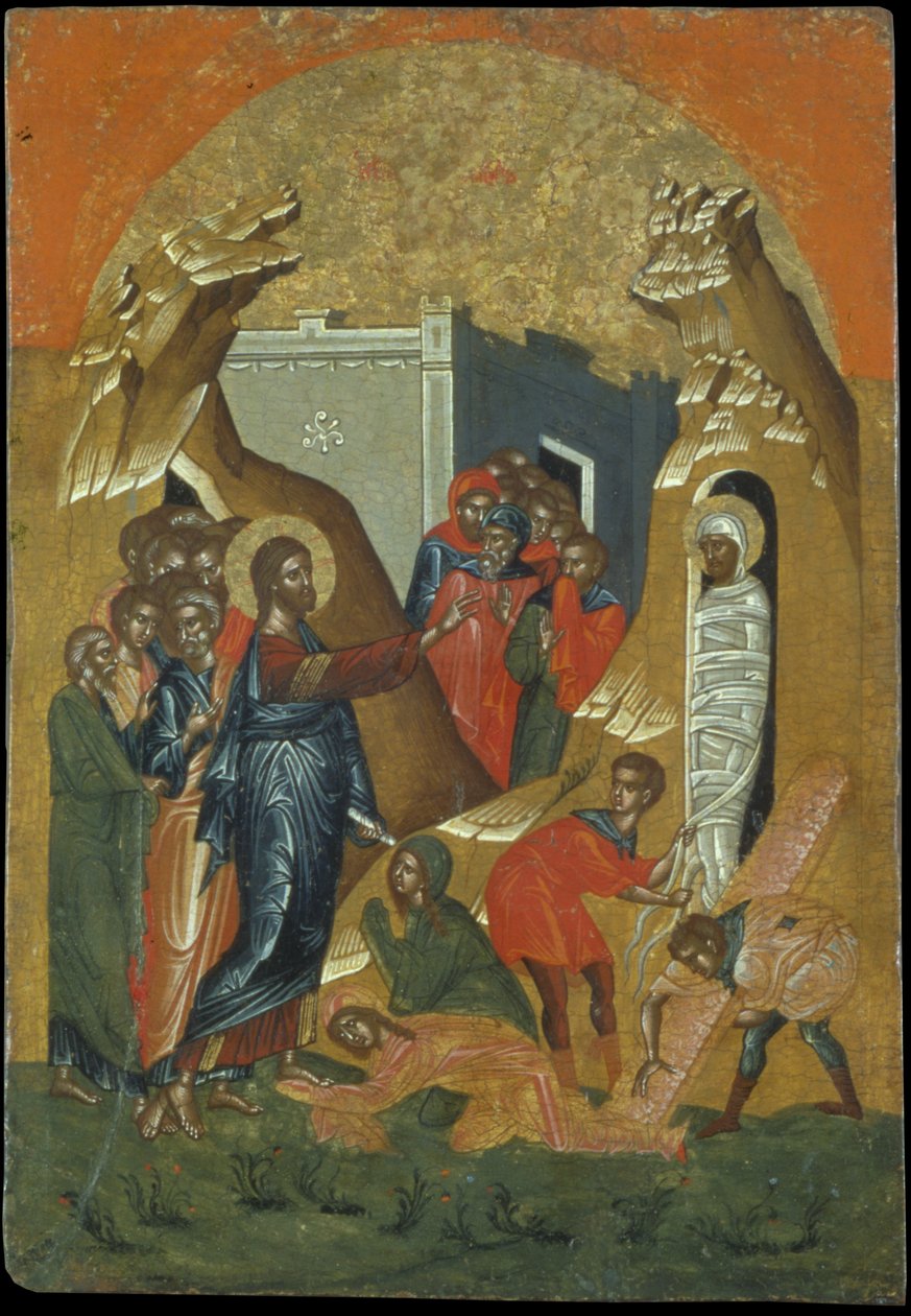 Resurrection of Lazar (eggtempera på panel) av Greek School