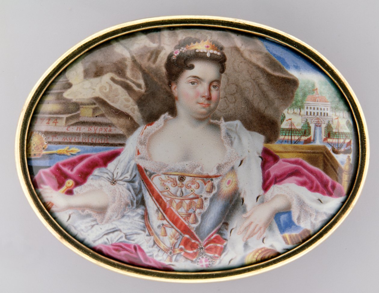 Portrett av Catherine I (1684-1727), 1724 (emalje på gull) (par 209297) av Grigory Semyonovich Musikiysky