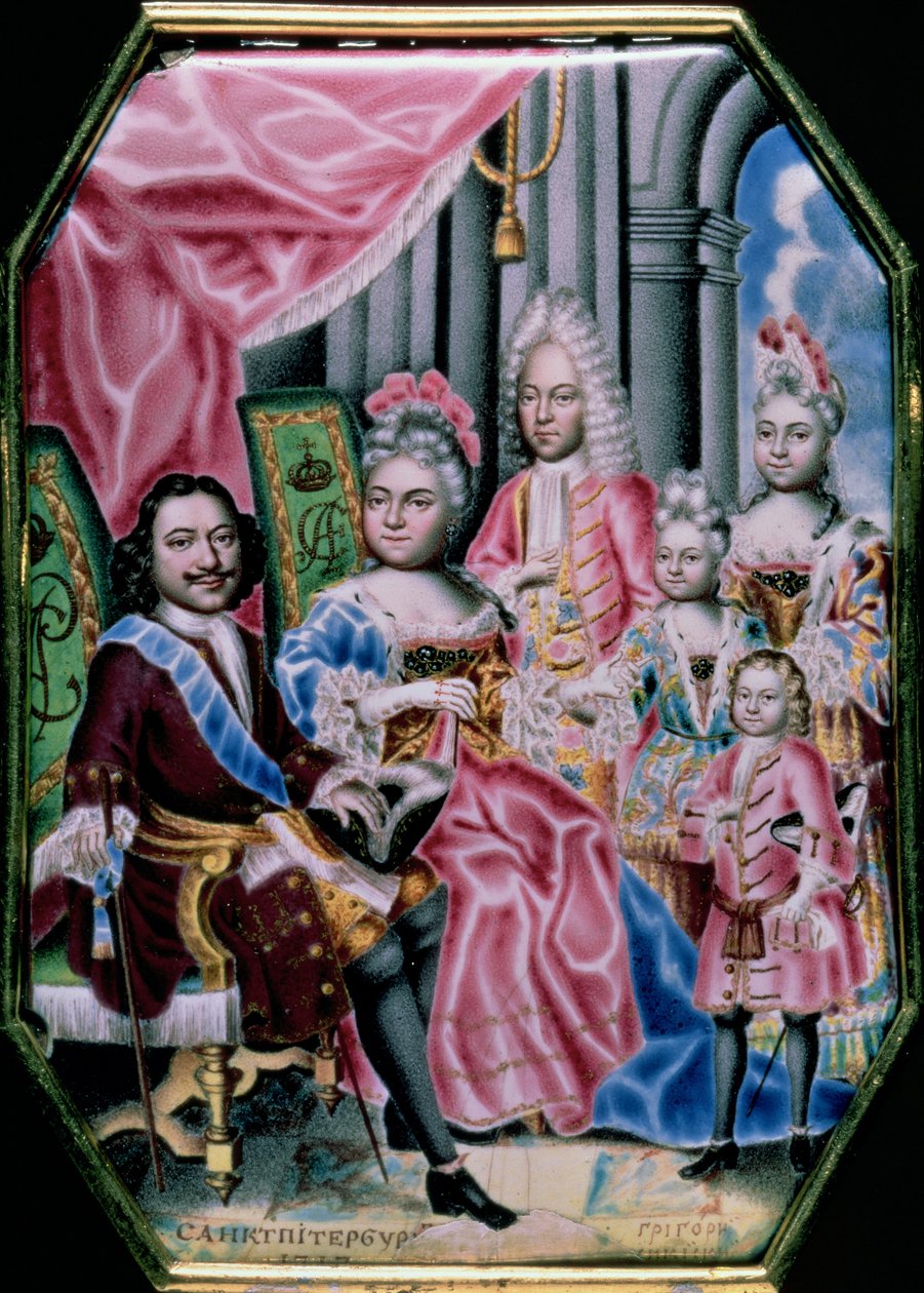 Familien til keiser Peter I, den store (1672-1725), 1717 (emalje) av Grigory Semyonovich Musikiysky