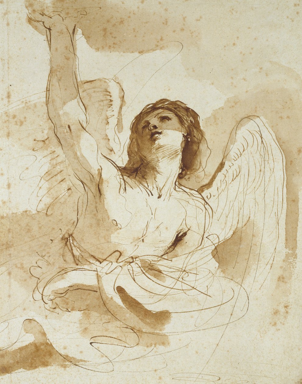En engel (penn og brunt blekk med brun vask på off-white papir) av Giovanni Francesco Barbieri