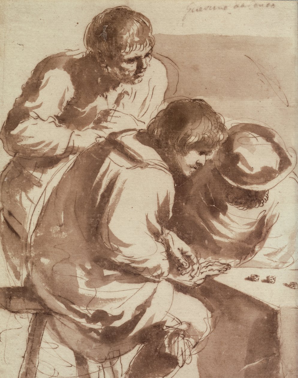 Terningspillere (penn og blekk og vask på papir) av Giovanni Francesco Barbieri