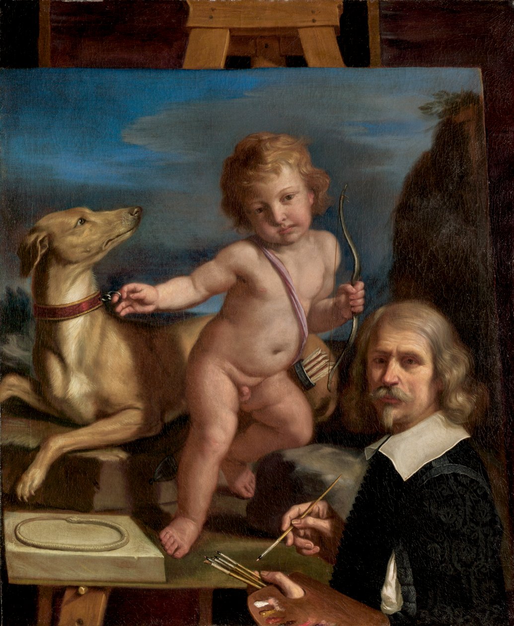 Selvportrett før et rustningsmaleri Fedele, 1655 av Giovanni Francesco Barbieri