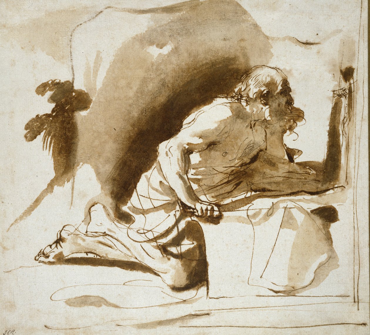 St Jerome, ca. 1622 - 1624 (penn og brunt blekk med brun vask på hvitt papir) av Giovanni Francesco Barbieri