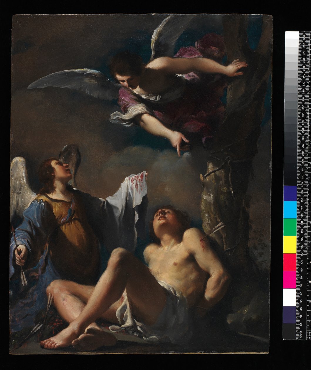 St. Sebastian støttet av to engler, 1617 (olje på kobber) av Giovanni Francesco Barbieri