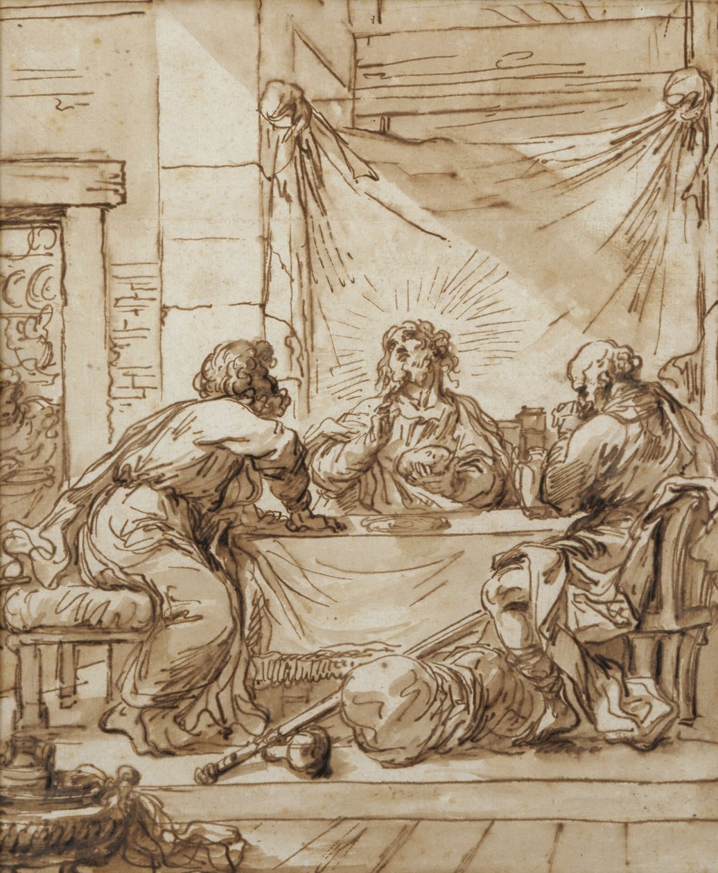 Nattverden i Emmaus (blekk på papir) av Giovanni Francesco Barbieri