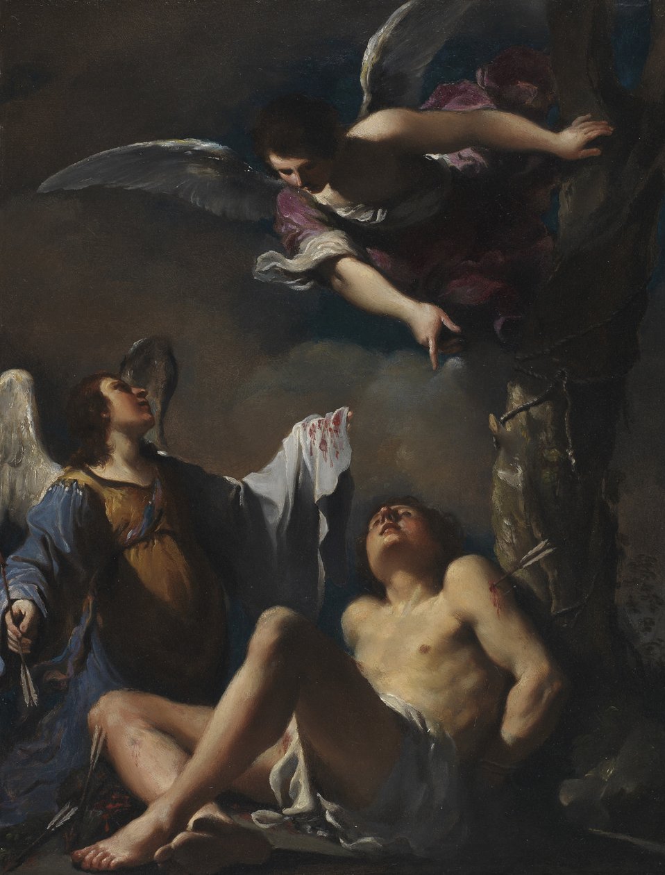 St. Sebastian støttet av to engler av Guercino