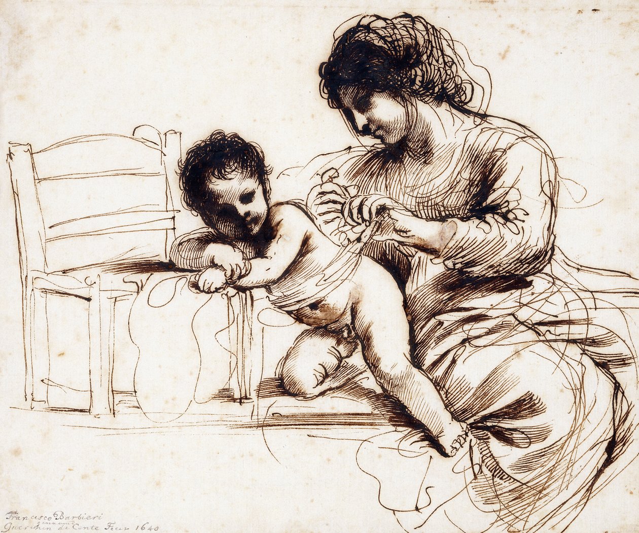 En mor og et barn ved en stol, av Guercino