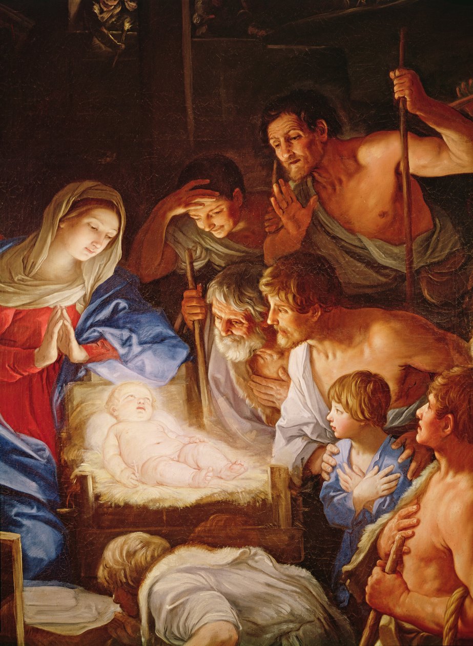 Hyrdenes tilbedelse, detalj av gruppen rundt Jesus av Guido Reni