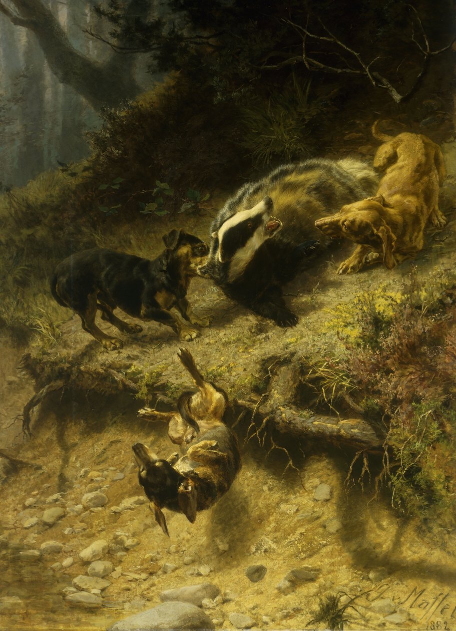 Dachs på en grevling, 1882 av Guido von Maffei