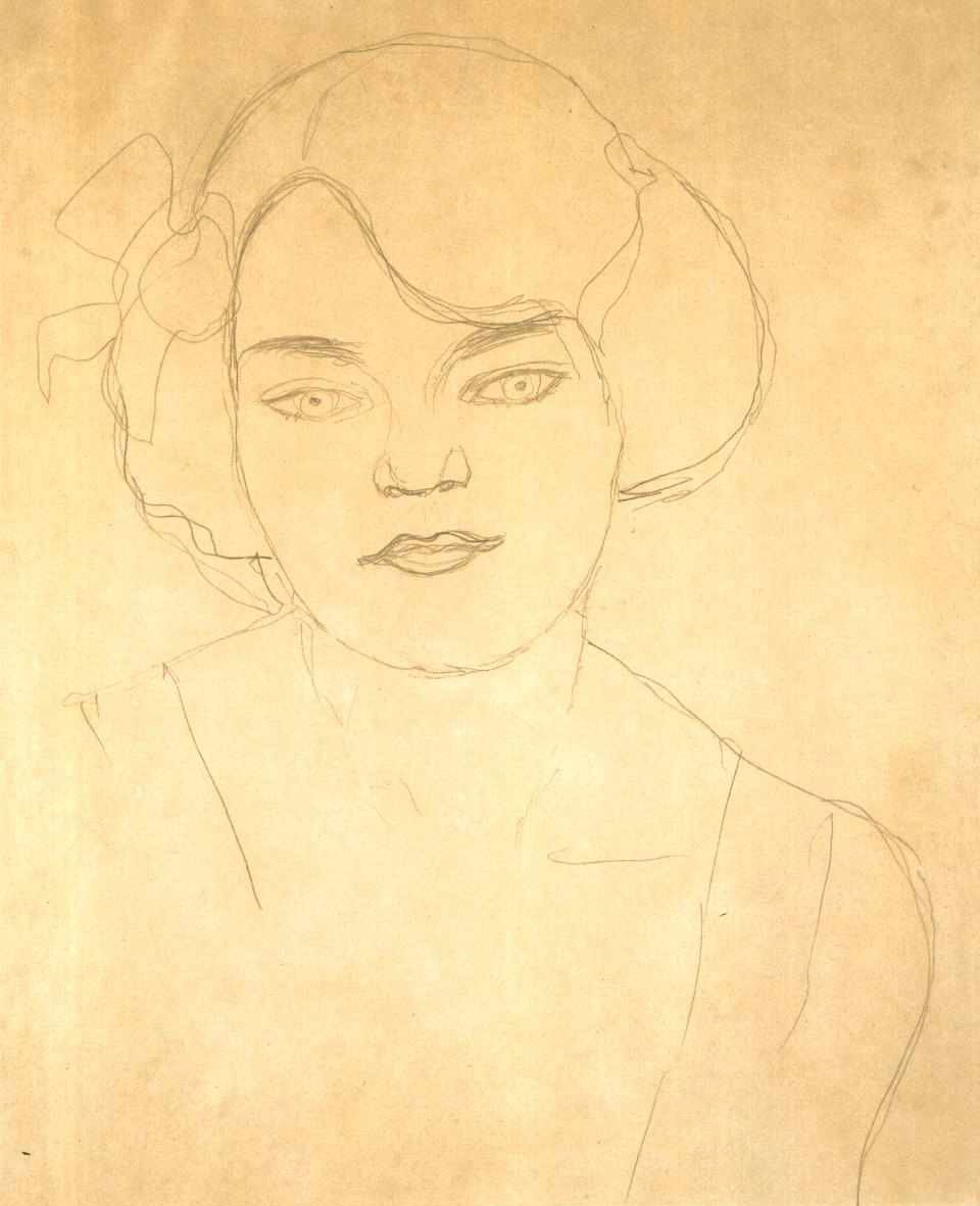 Halvlangt portrett av en jente som vender fremover av Gustav Klimt