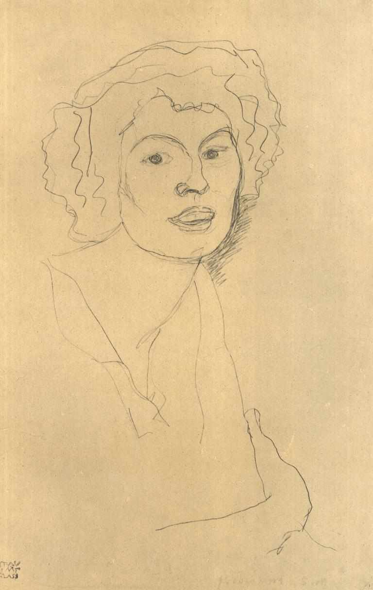 Halvlangt portrett i trekvartsprofil til høyre av Gustav Klimt