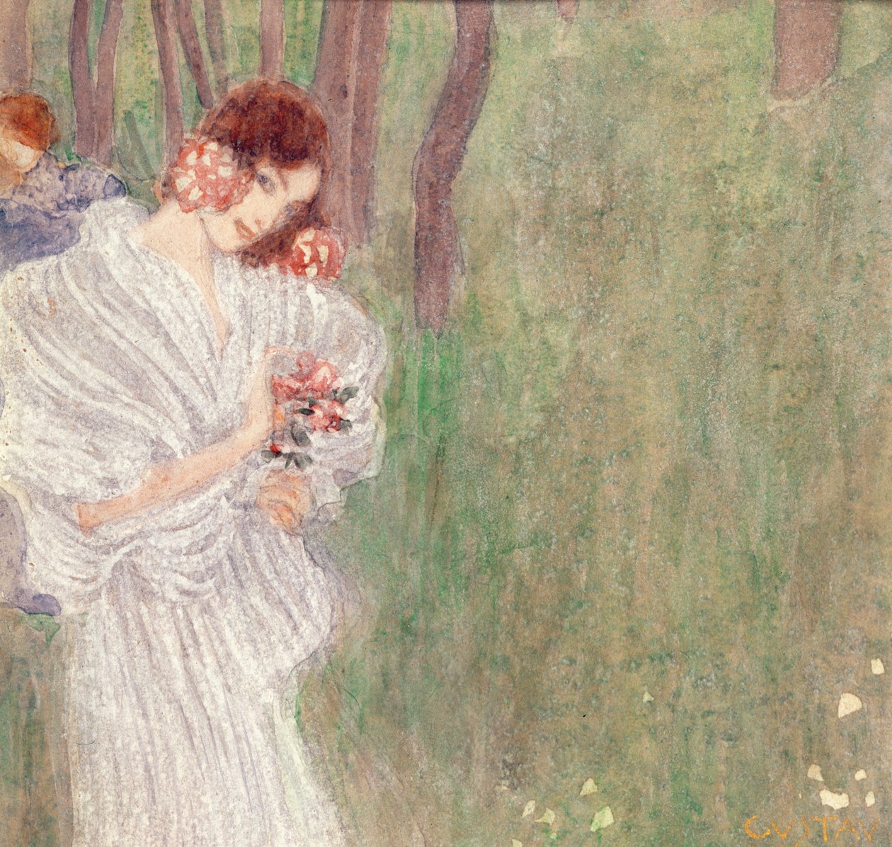 Jente i en hvit kjole som står i en skog av Gustav Klimt