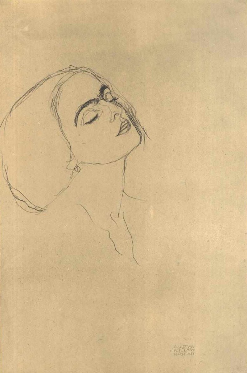 Hodestudie med lukkede øyne til høyre av Gustav Klimt
