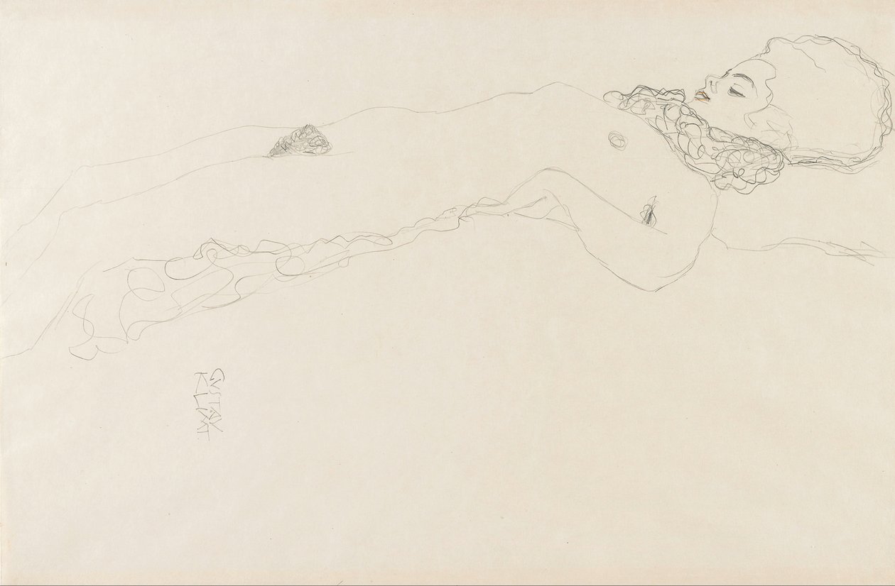 Naken jente med Ruff, ligger av Gustav Klimt