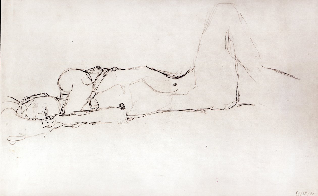 Naken kvinne i sengen, ca. 1914 av Gustav Klimt