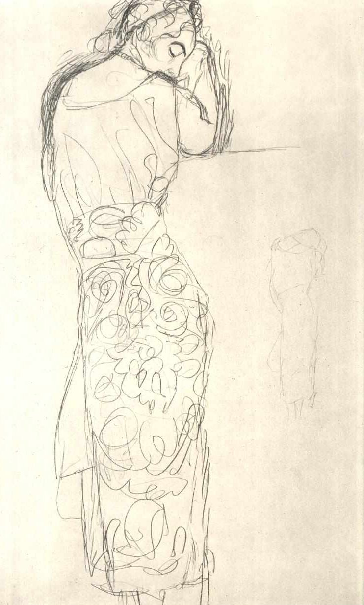 Sett bakfra av en stående kvinne i et mønstret skjørt av Gustav Klimt