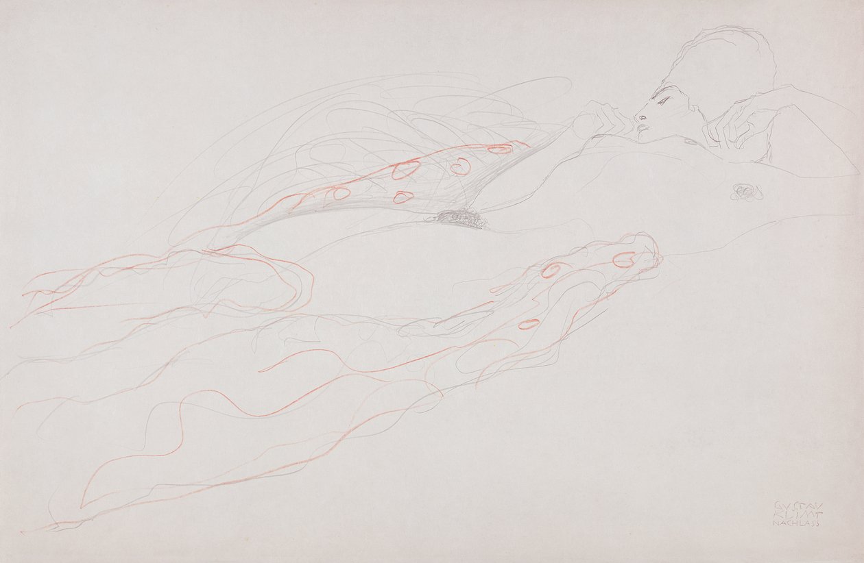 Liggende naken (blyant og farget kritt på papir) av Gustav Klimt