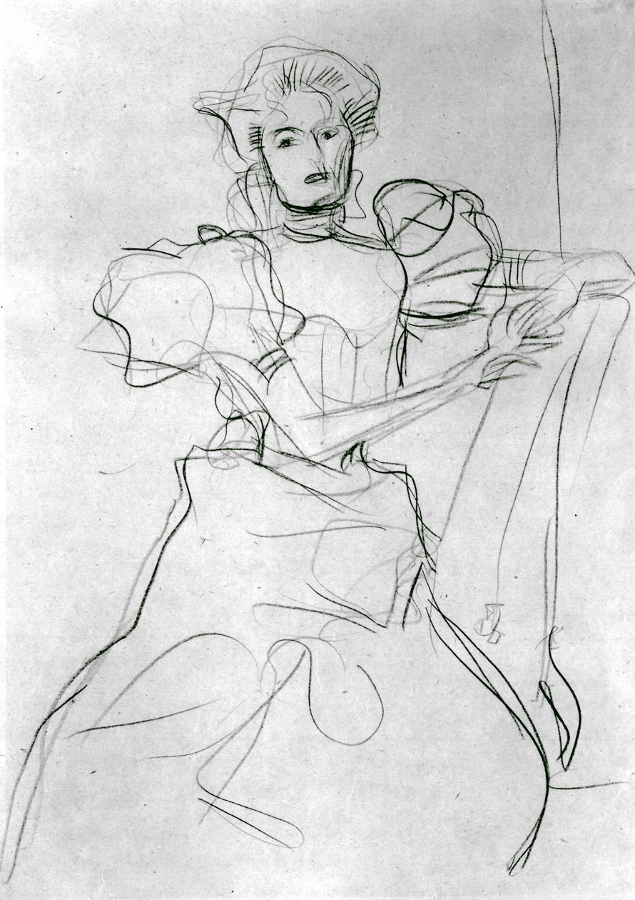 Sittende kvinne - Studie for et portrett av Sonja Knips, ca. 1898 (blå fargestift på papir) av Gustav Klimt