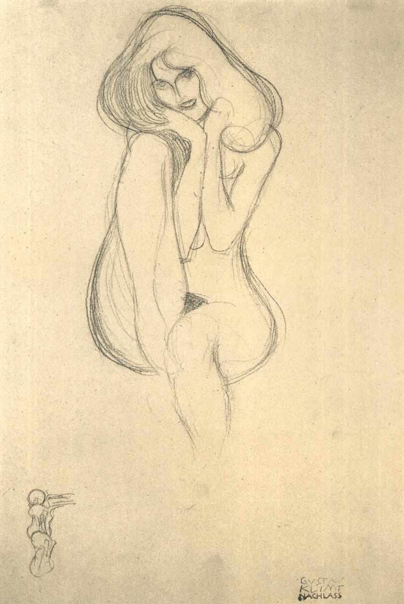 Sitter naken foran av Gustav Klimt