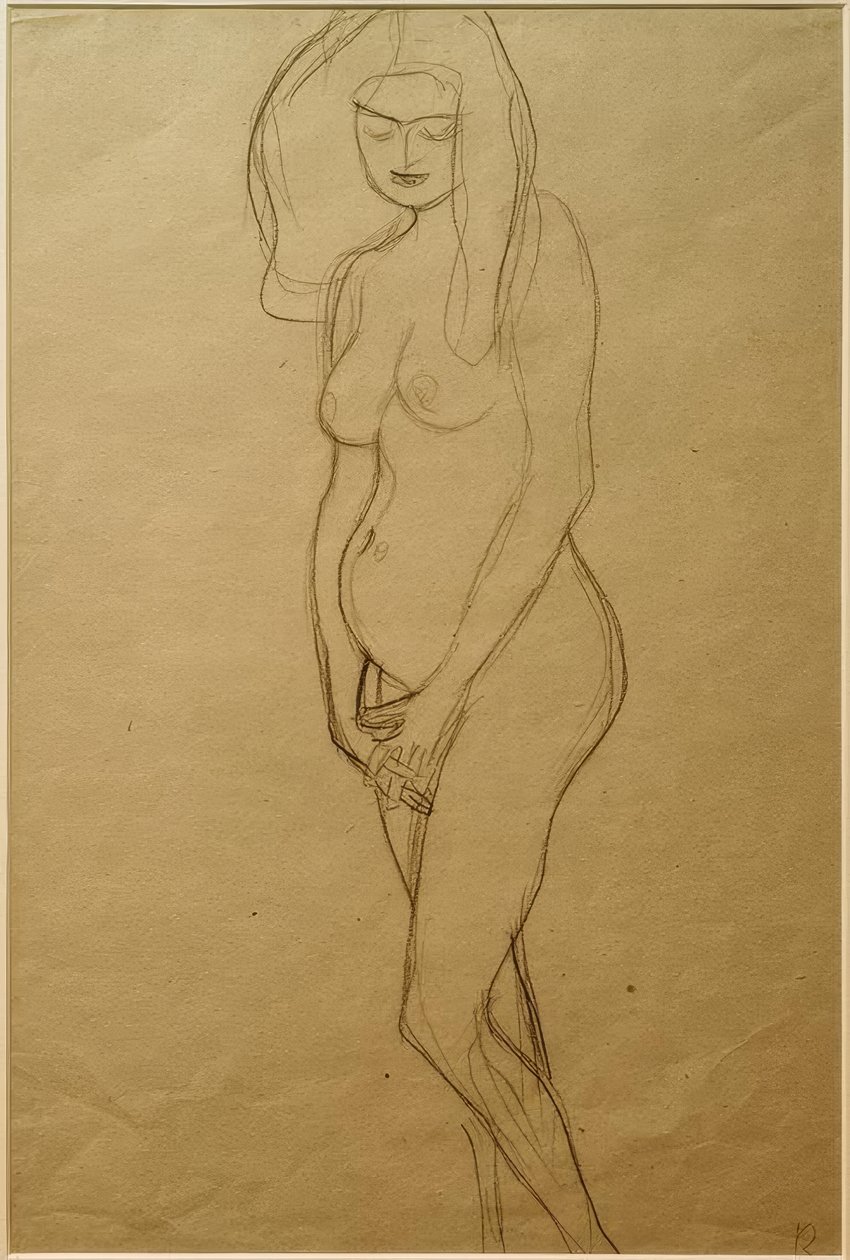 Stående naken gravid kvinne til venstre, hender ... av Gustav Klimt