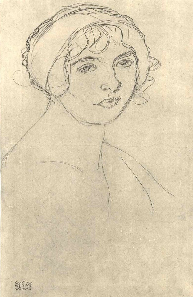 Halvlangt portrett av en naken jente mot høyre. av Gustav Klimt