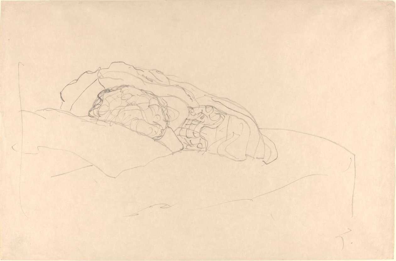 Sammenkrøllet jente på sengen av Gustav Klimt