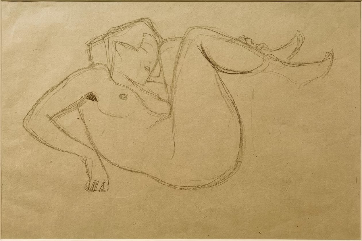 Naken jente på huk med trukket lår (studie) av Gustav Klimt