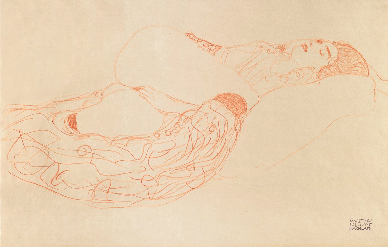 Liggende halvnaken onanering, 1912-1913 av Gustav Klimt