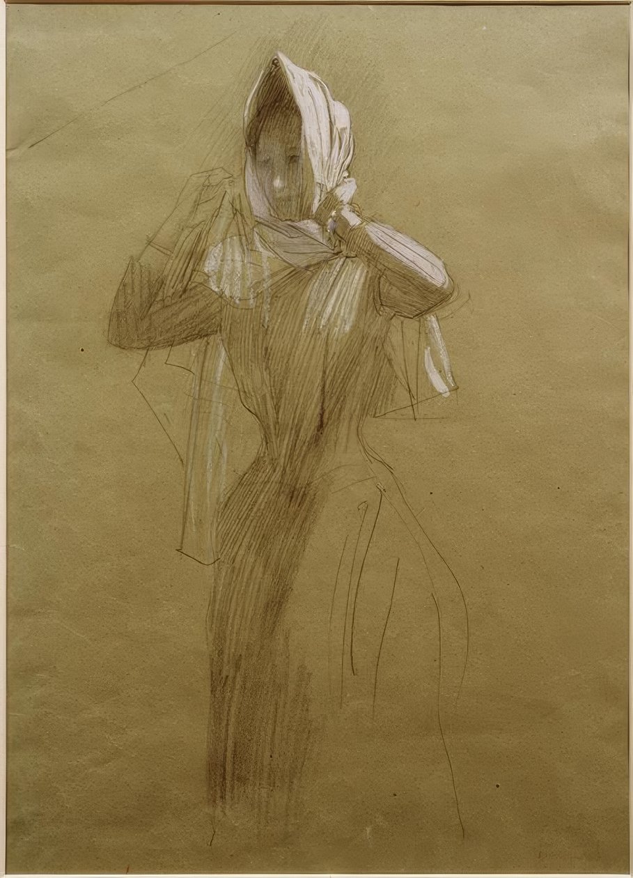 Stående ung kvinne, pakker inn et skjerf av Gustav Klimt