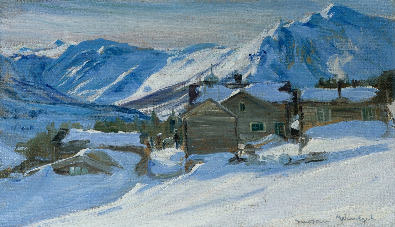 Fjellgård i snølandskap av Gustav Wentzel